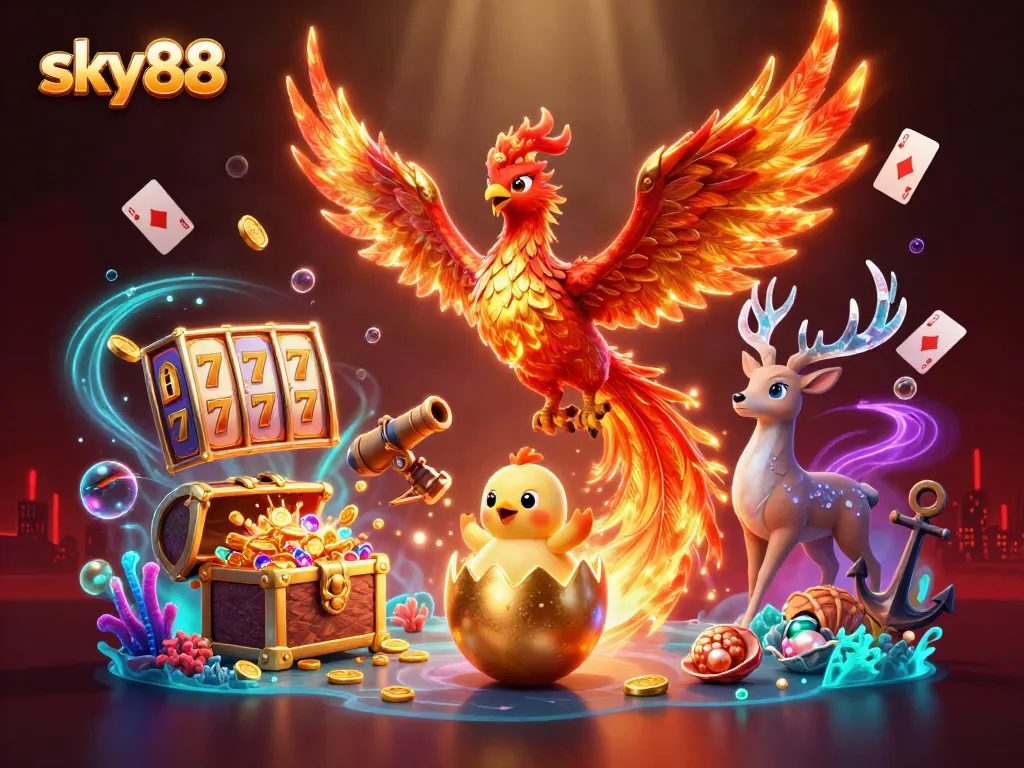 Experience thrilling gaming with sky88's vibrant casino scene featuring a phoenix, slot reels, and treasure.