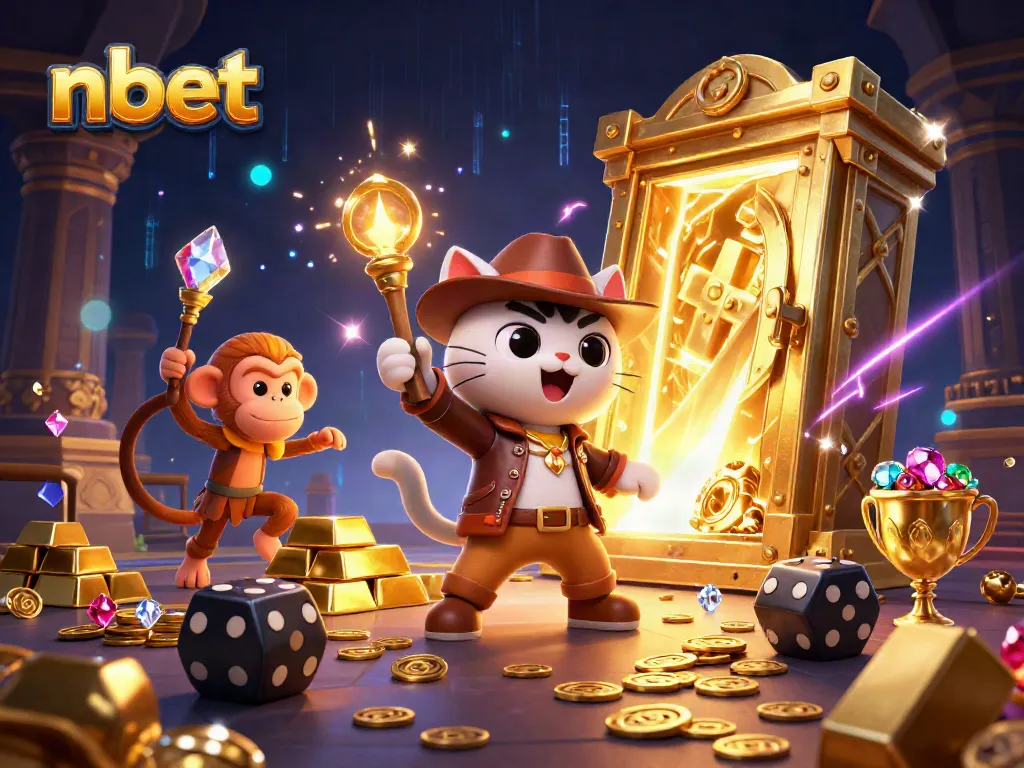 Nbet casino adventure features a cat archaeologist in a vibrant treasure-filled temple.