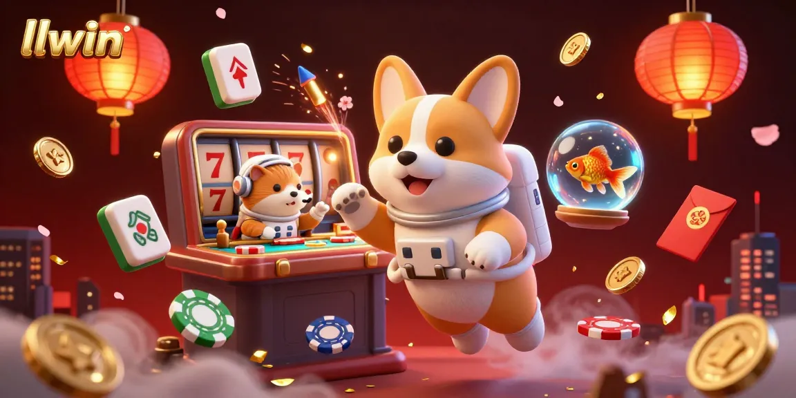 Engage with llwin's dynamic casino world featuring a playful astronaut corgi and vibrant game elements.