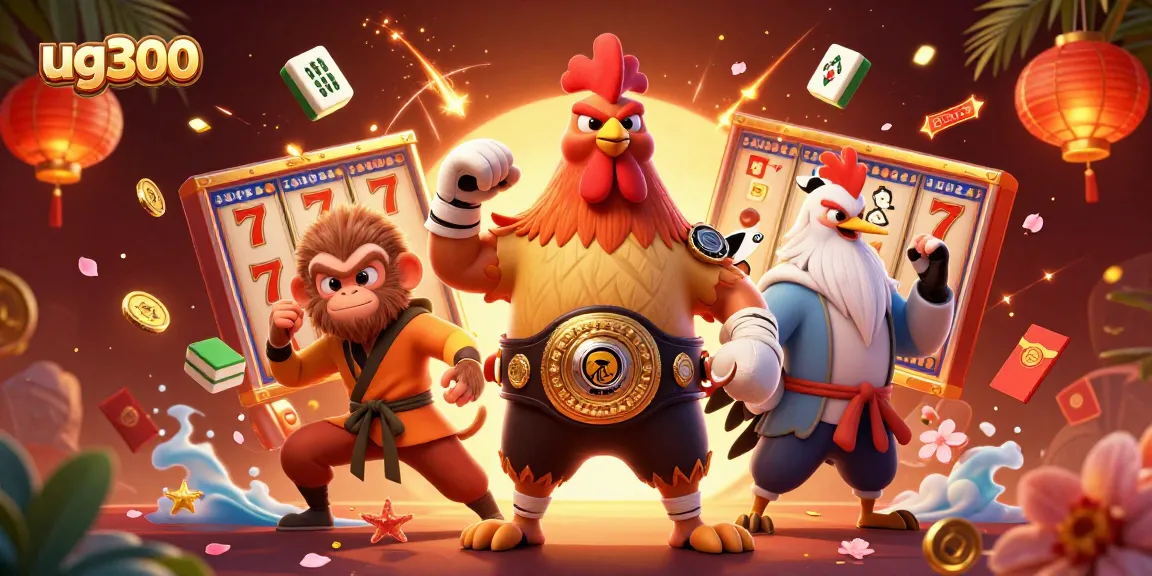 Unggulkan ug300 dengan ilustrasi karakter judi, ayam Muay Thai, monyet Shaolin, dan panglima crane.
