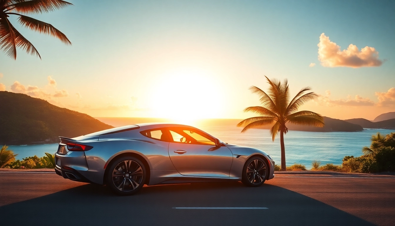 Stunning luxury car rental st barth on a scenic coastal road with sunset backdrop.