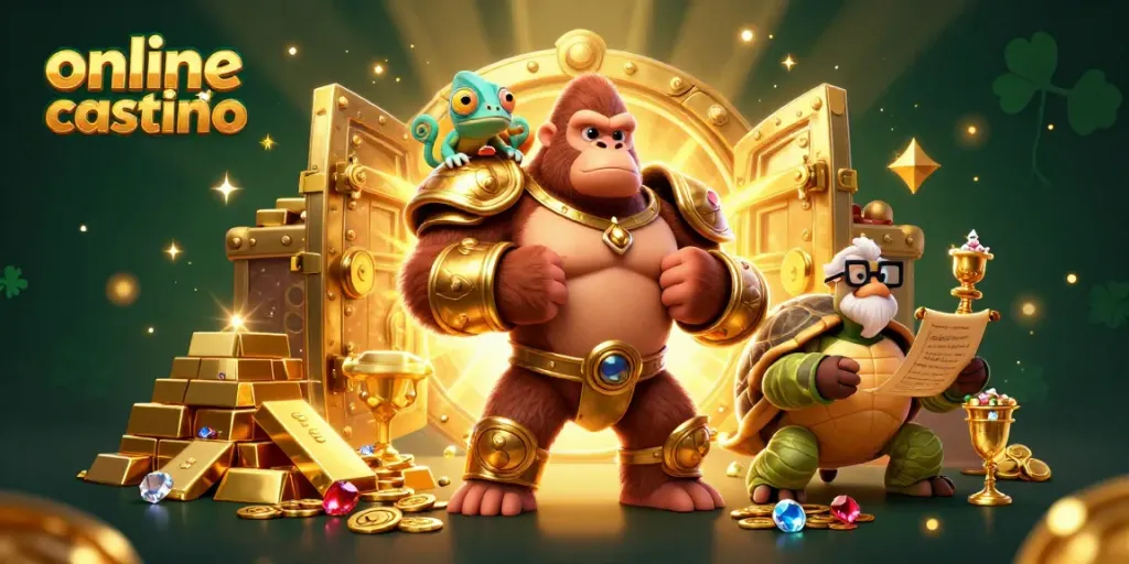Experience the vibrant world of online casino Australia with a dynamic 3D illustration of a gorilla king and his companions.