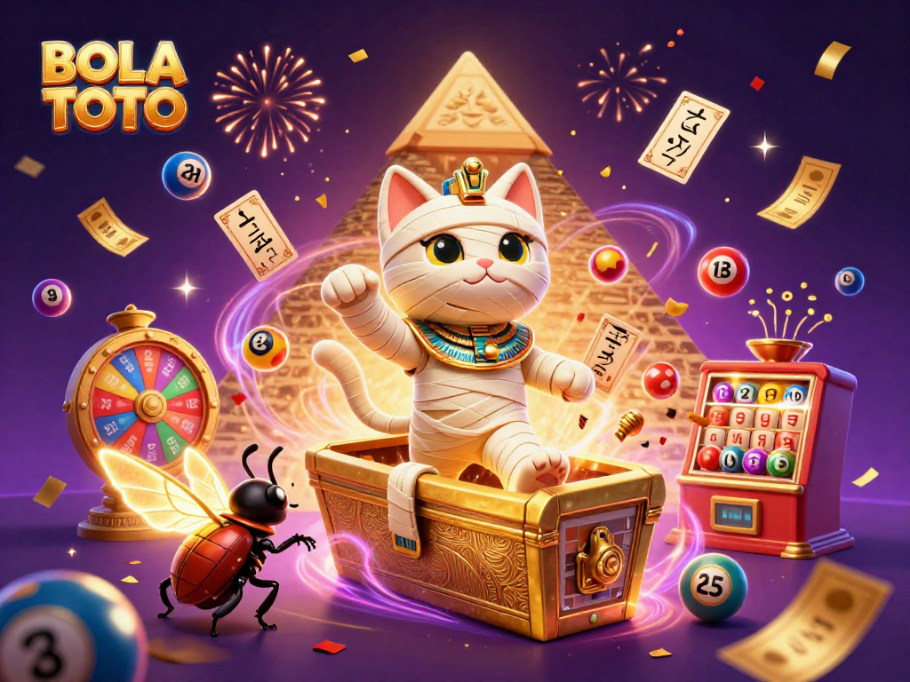 BOLA TOTO brings excitement to life with a dynamic illustration of a mummy cat in a casino bursting with lottery and bingo elements.
