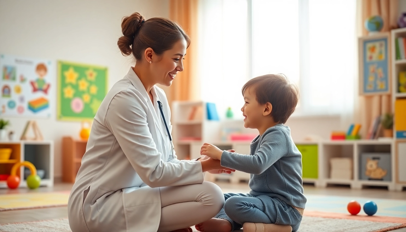 What is ABA therapy: Therapist helping a child in a vibrant therapy room.