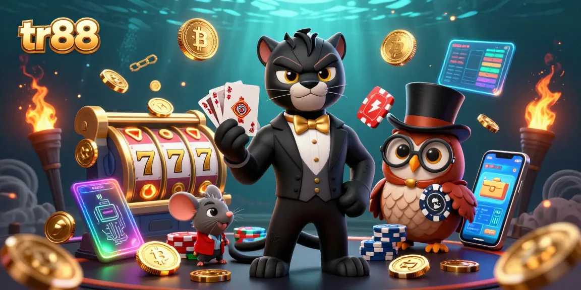 Engage with tr88's exciting casino scene featuring a stylish dealer and vibrant game elements.