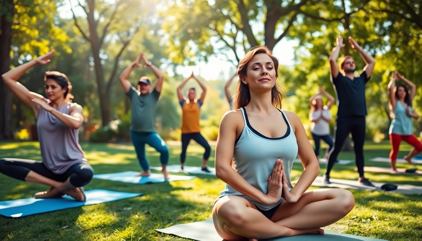 Embrace a Healthy Life with people enjoying outdoor yoga amidst lush greenery.