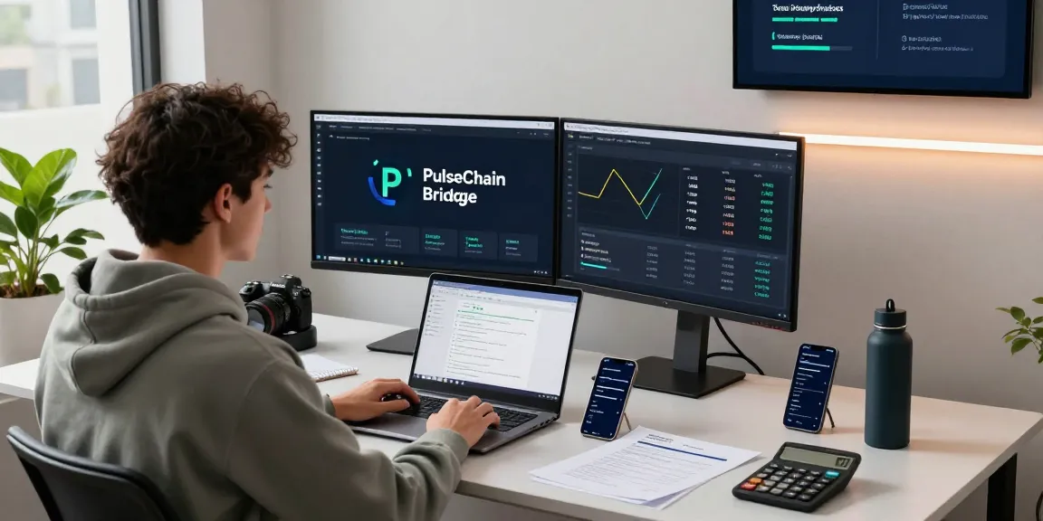 PulseChain Bridge interface on dual monitors in modern workspace showcasing cryptocurrency transactions