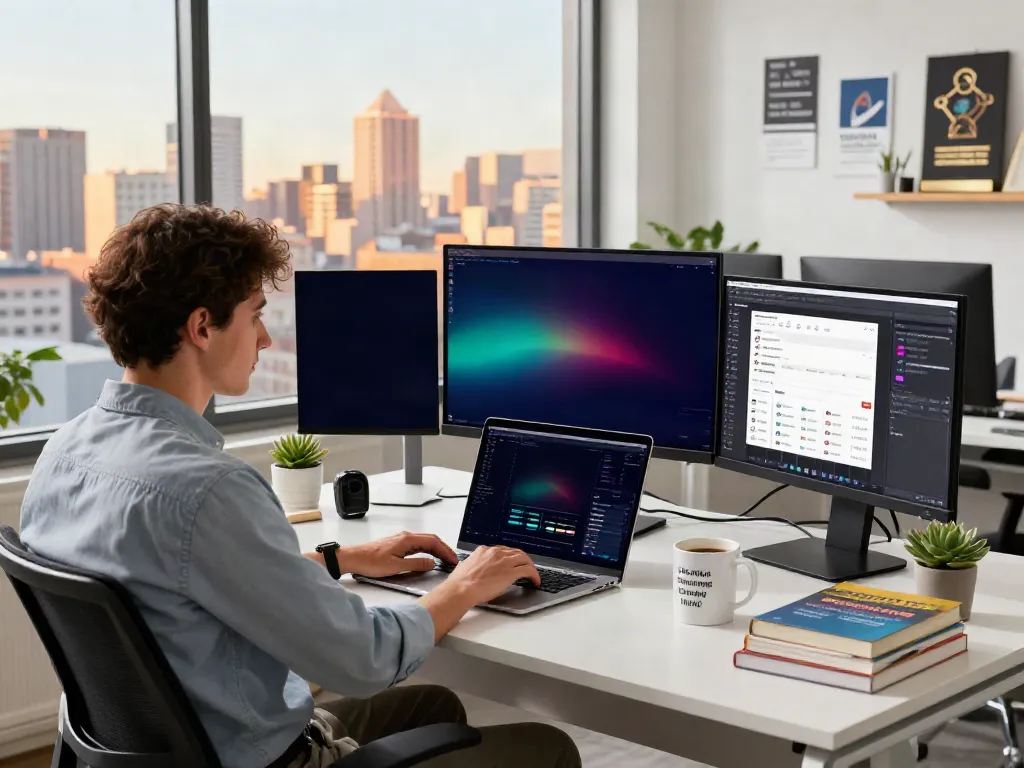 This post showcases a vibrant digital marketing workspace with analytics dashboards and an inviting atmosphere.