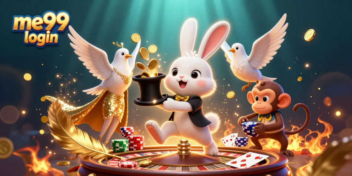 Engage with the me99 login, featuring a magician rabbit amidst casino games and golden sparkle effects.