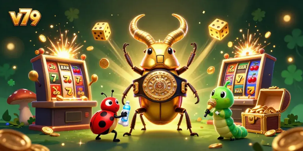 Experience the exciting world of V79 as a golden stag beetle faces off with its tiny corner-man in vibrant casino chaos.
