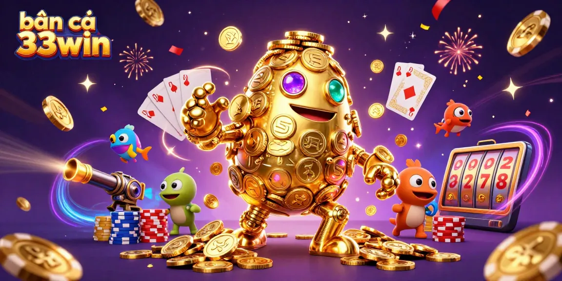 bắn cá 33win showcases a golden golem shooting vibrant sea creatures, emphasizing thrilling underwater gambling.