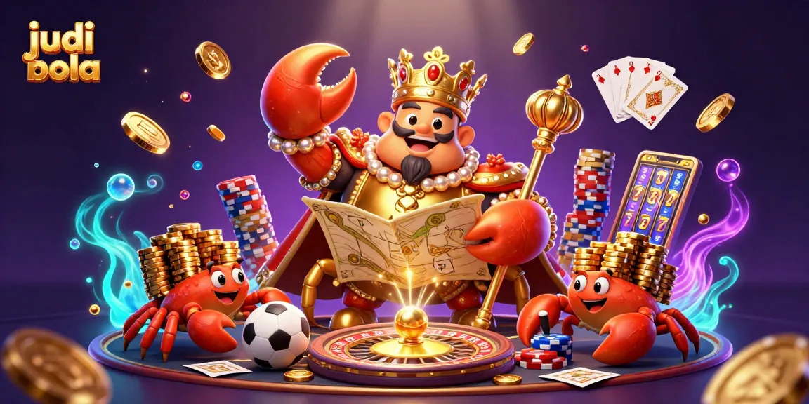 Judi bola menjadi lebih seru dengan ilustrasi 3D kartun yang menampilkan kaisar kepiting emas dan elemen taruhan olahraga.