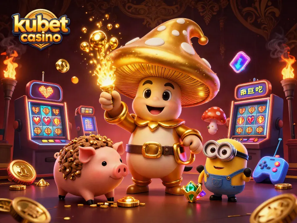 Experience excitement at kubet casino with colorful slot machines and golden magical elements.