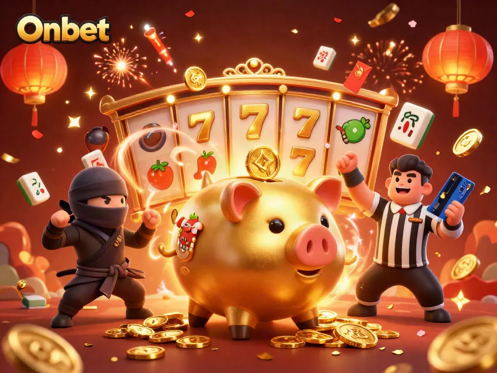 Experience vibrant slots with Onbet featuring a golden piggy bank, ninja, and samurai in an engaging casino battle.