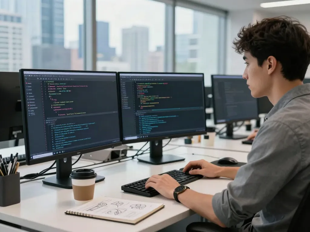 Developer coding in a modern office highlighting brave浏览器 usage in a professional tech environment.