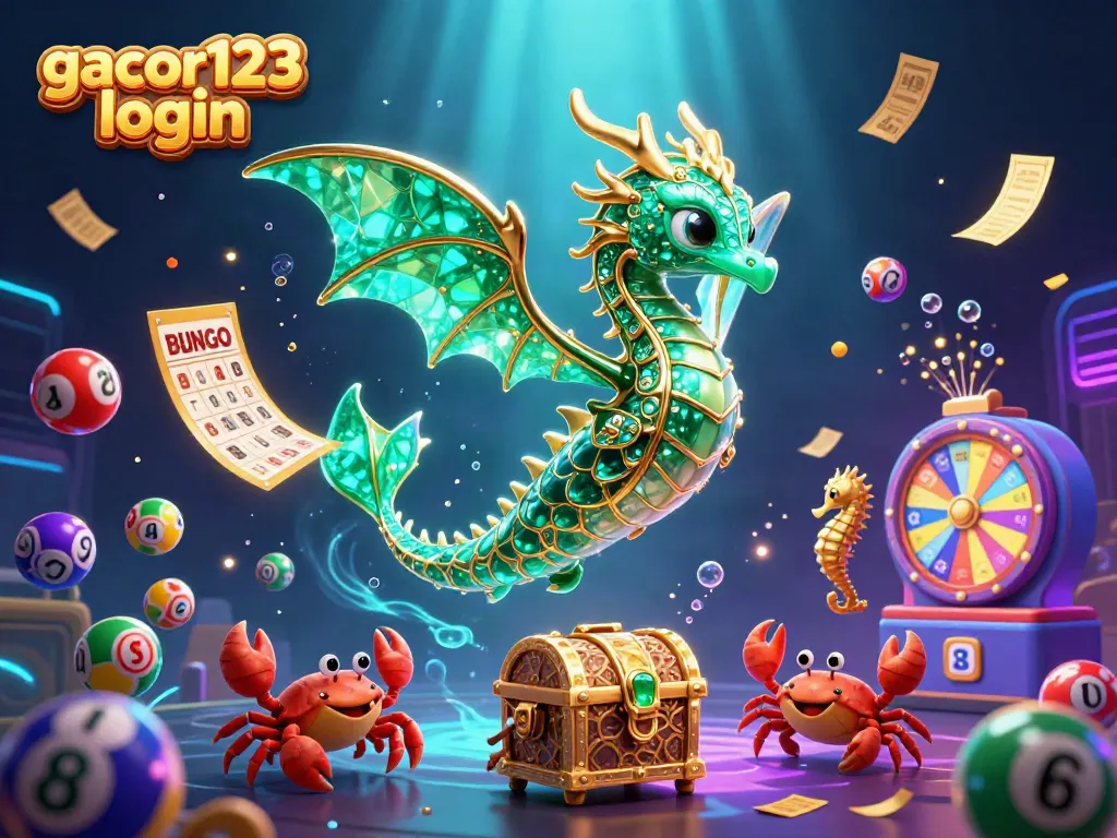 Experience the excitement of gacor123 login with this vibrant 3D illustration featuring a sea dragon and lottery elements.