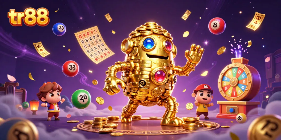 Experience tr88's exciting lottery and gaming elements in this vibrant 3D illustration.