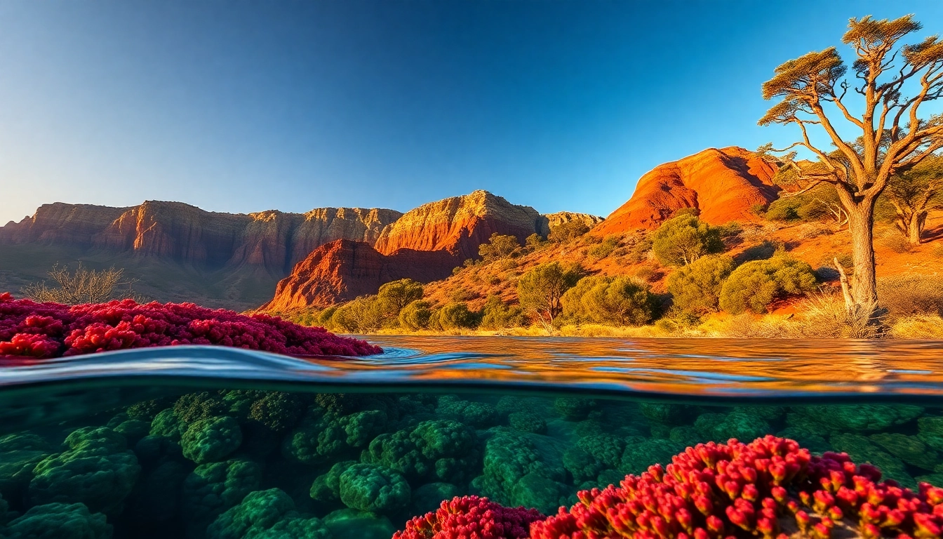 Showcasing the diverse ecosystems of Australia with vibrant landscapes and warm lighting.
