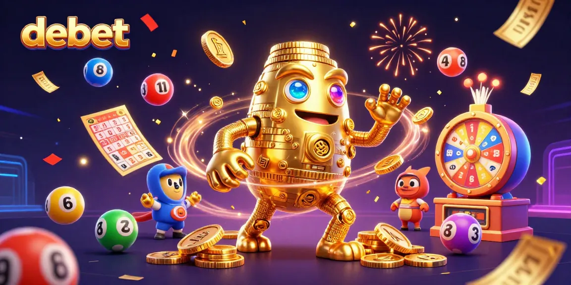 Experience the thrill of debet with dynamic lottery balls and a golden golem illustration.