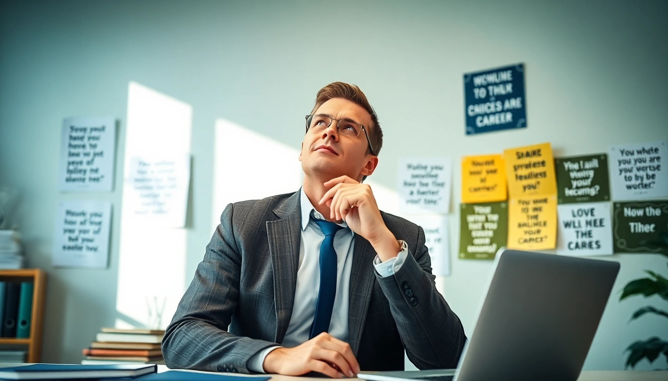 Visualize an Ideal Career scenario with a professional exploring options in a motivational office.