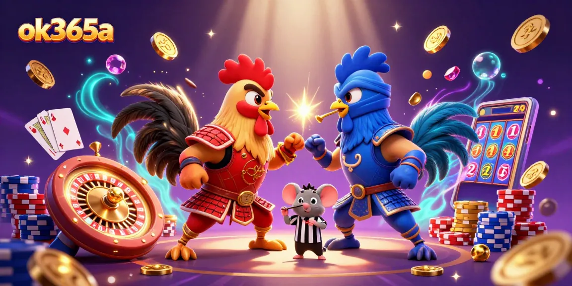 Experience the dynamic showdown of roosters in samurai and ninja gear, featuring ok365a's vibrant gambling elements.