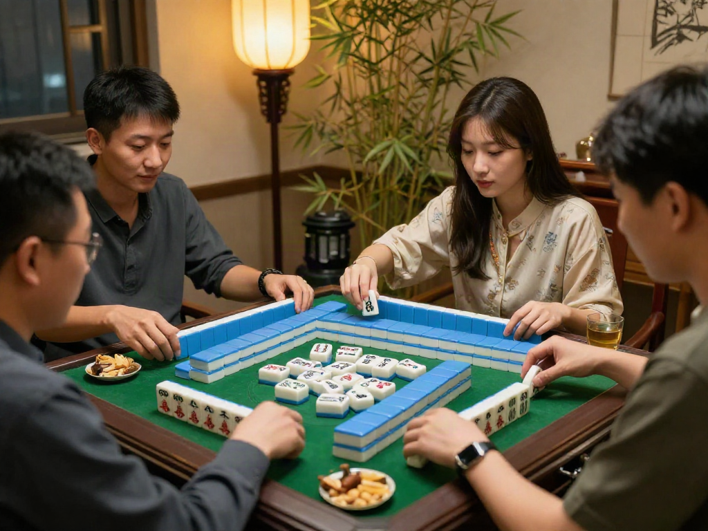Players enjoying MahjongJP88 dengan deposit QRIS in a lively home setting, immersed in strategy and camaraderie.