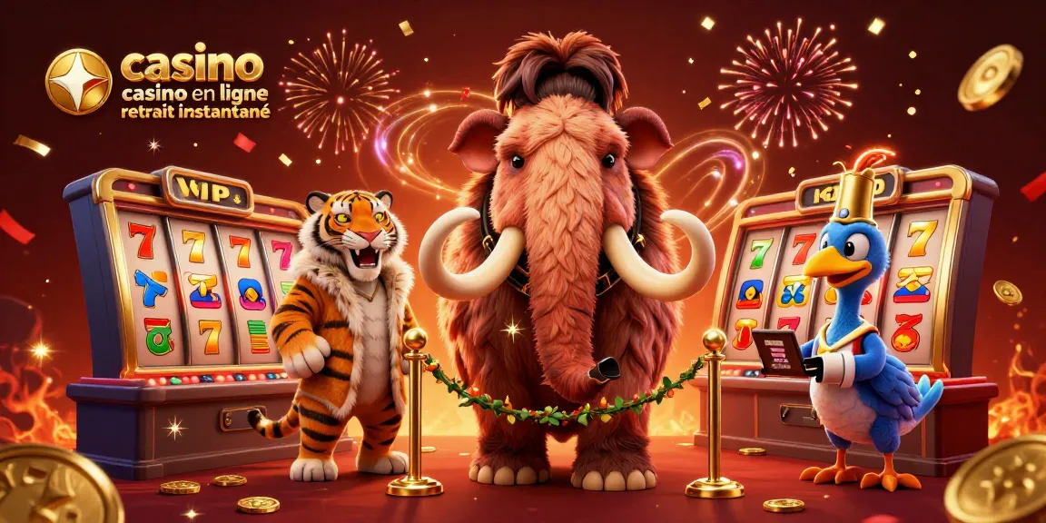 Le casino en ligne retrait instantané avec un bouncer mammouth et des éléments de jackpot colorés.