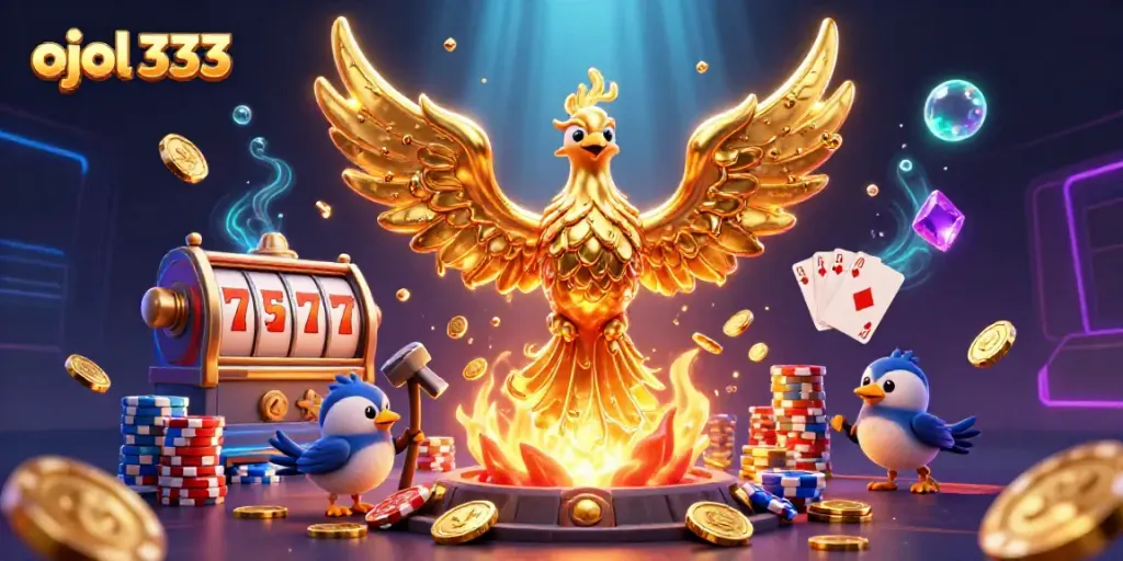 Experience the thrill of ojol 333 with golden phoenix and vibrant casino elements in this stunning illustration.