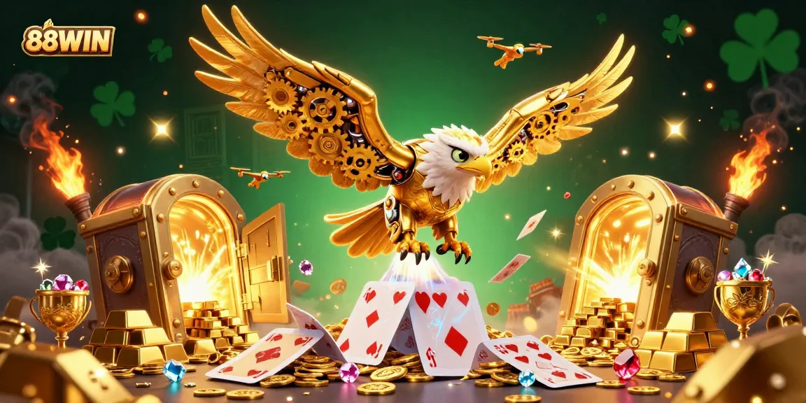 Engage in thrilling games at 88WIN while experiencing a cascade of holographic cards and a majestic golden eagle.