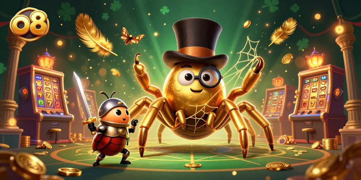 Engage in thrilling adventures at o8's casino, featuring a heroic beetle knight facing a golden tarantula.