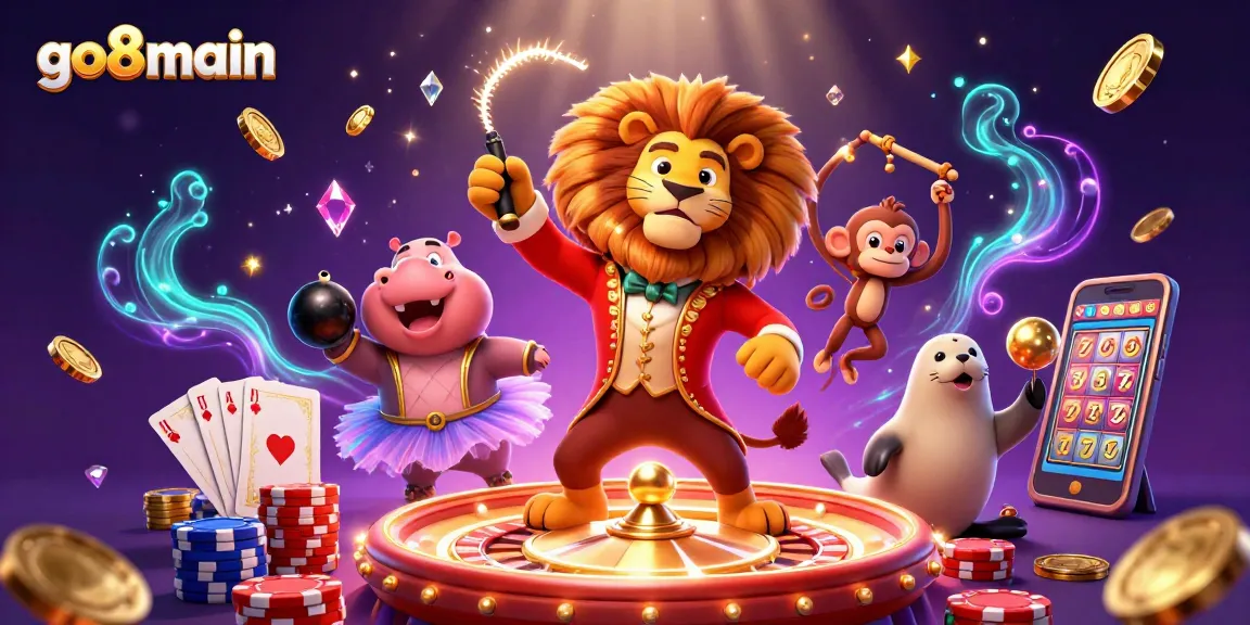 Win big at Go8Main with dynamic casino illustration showcasing vibrant gaming elements.