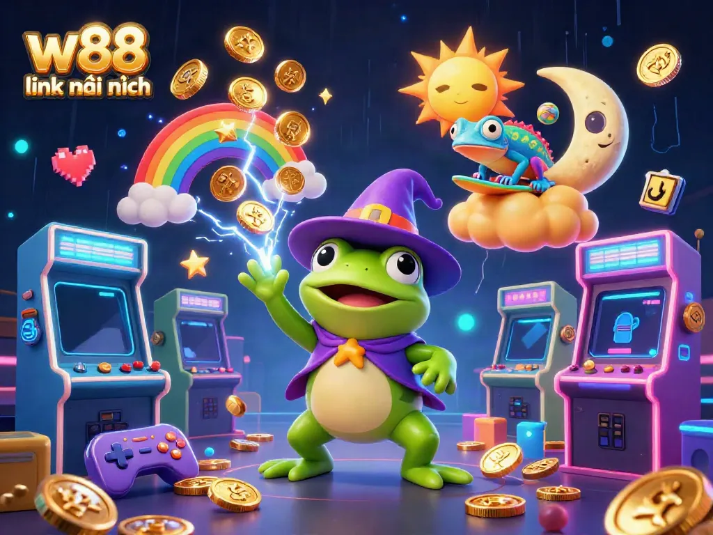 Experience the excitement with w88 link mới nhất as the weather wizard frog creates a coin storm amid vibrant casino elements.