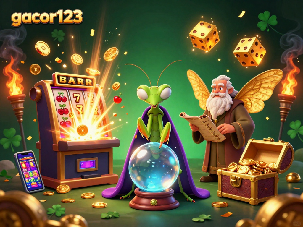 gacor123 gaming scene showcasing vibrant slot machines and mystical characters in a captivating casino illustration