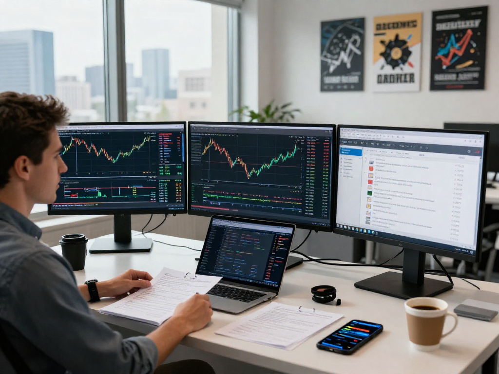 MetaTrader 5交易平台的交易者在现代办公环境中进行交易分析。