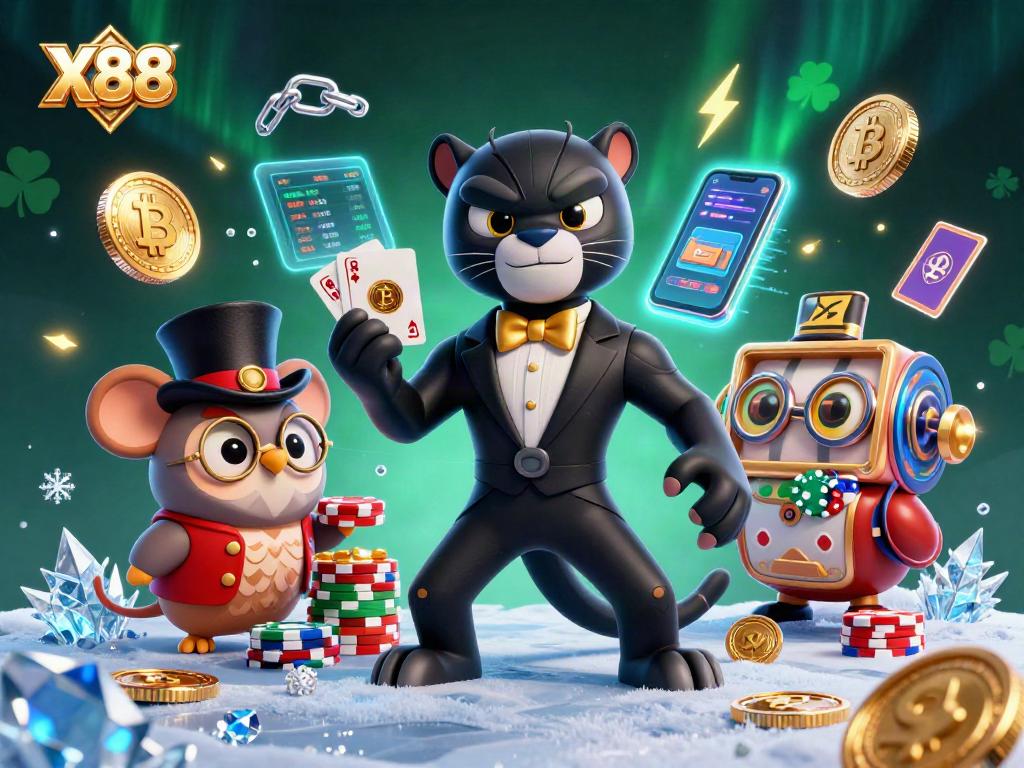 Engage with X88 gambling through a vibrant 3D casino scene showcasing a stylish black panther, owl, and lucky mouse.