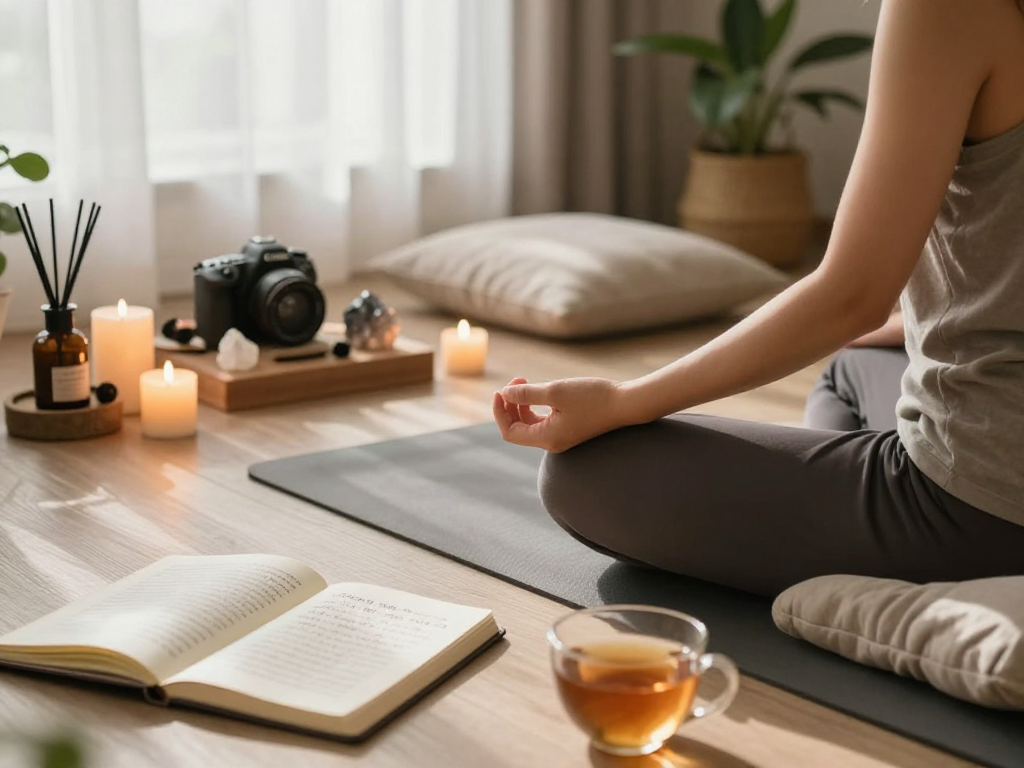 Practicing mantra 88 in a serene meditation space with calming elements.