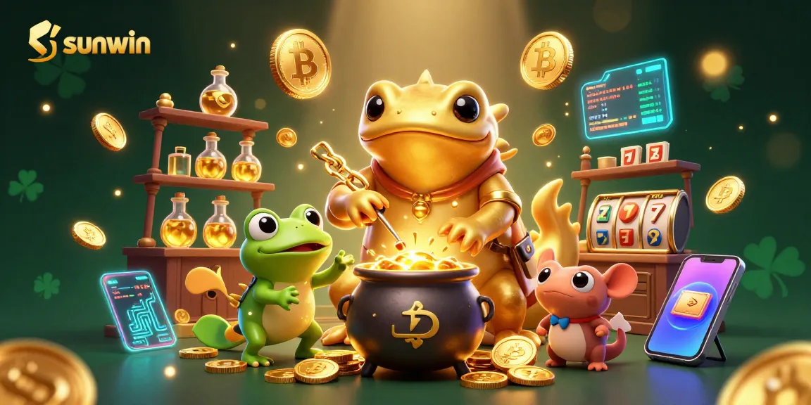 Sunwin showcases a vibrant 3D casino scene with alchemists, gold coins, and crypto elements.