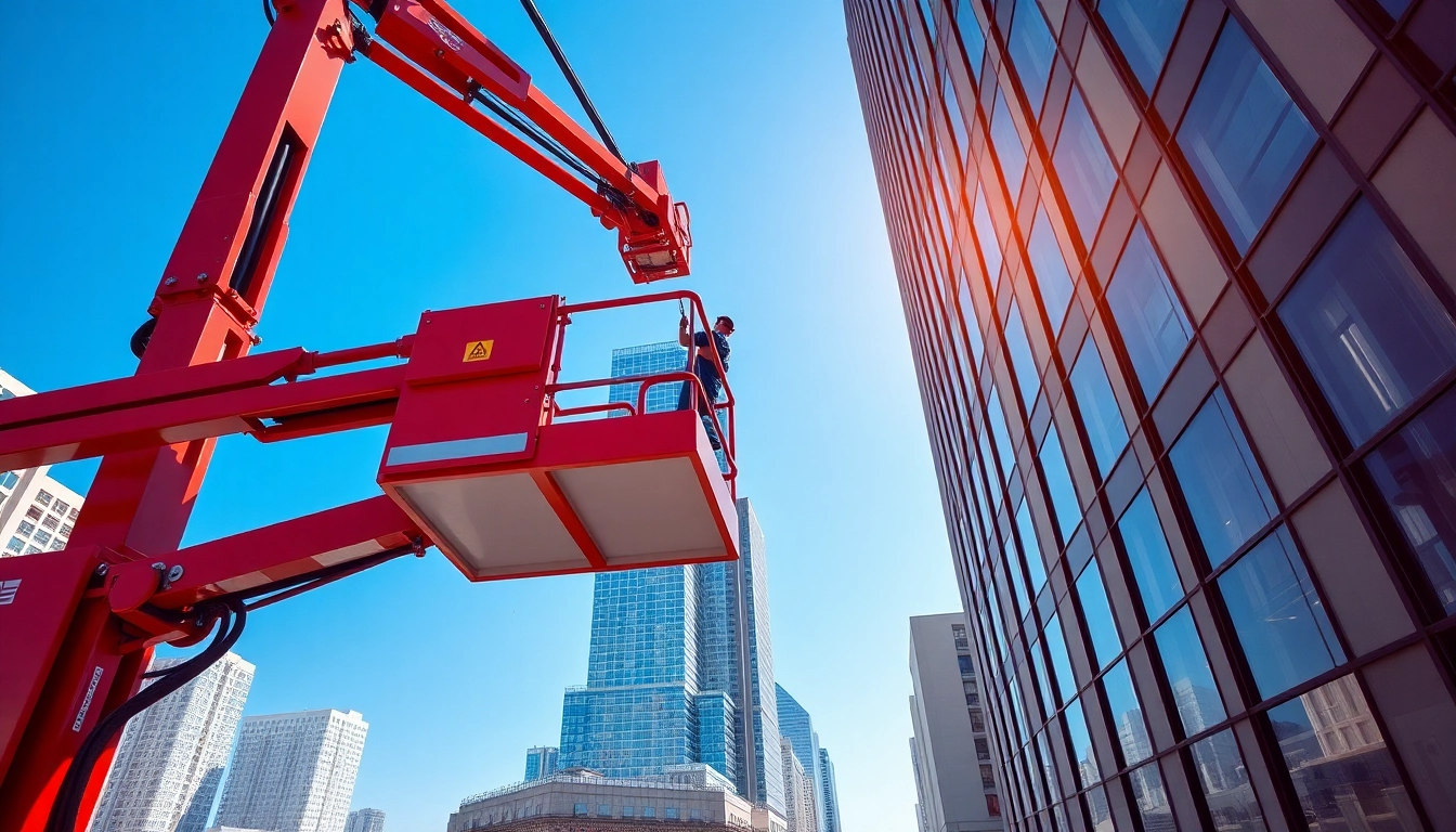 Worker elevated by a cherry picker for high window cleaning in a vibrant city.