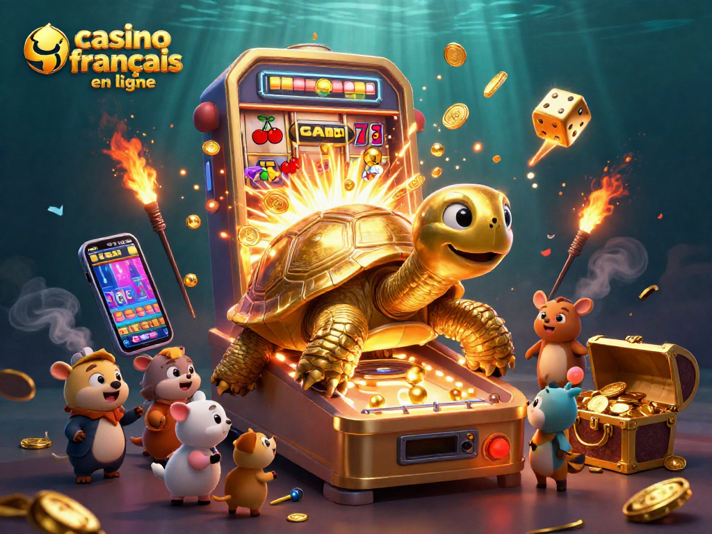 Plongez dans l'univers vibrant du casino français en ligne avec une tortue géante en pinball et des machines à sous scintillantes.