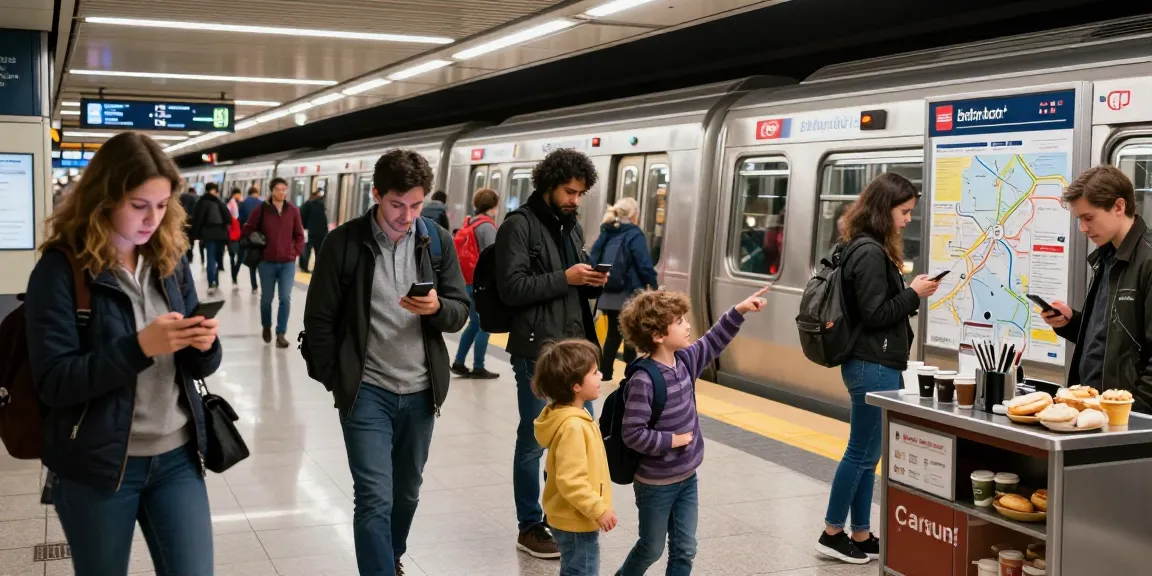 Real-time subway arrivals displayed on a live subway tracker in a busy urban station.