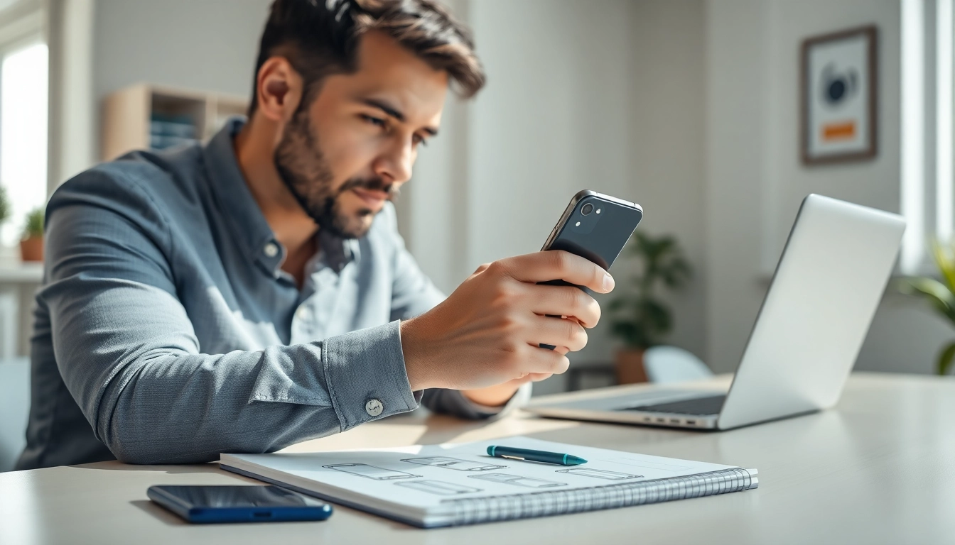 Sell used phone cash transaction with a close-up of a person examining a smartphone.