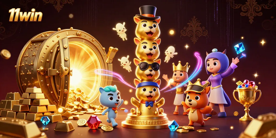 Experience thrilling gaming with 11win's vibrant casino totem and treasures in this detailed illustration.