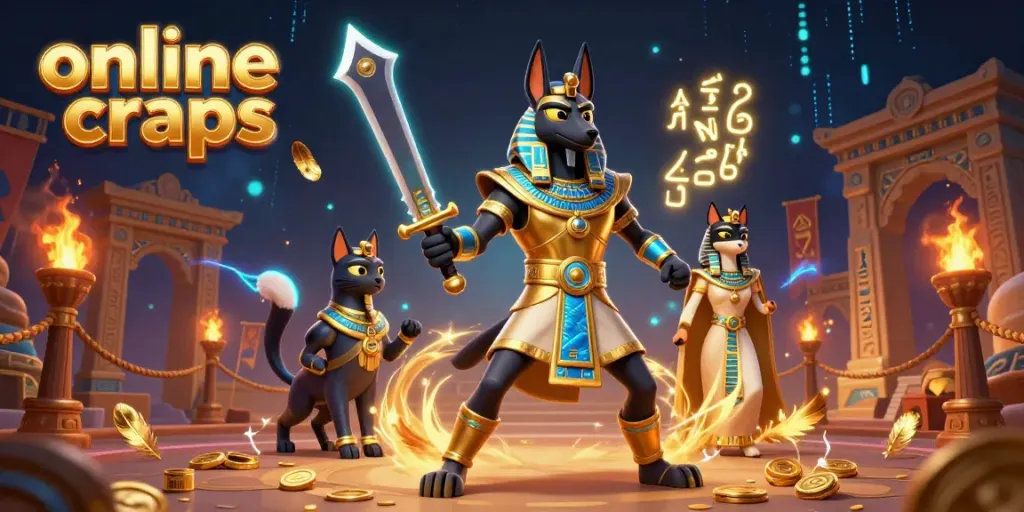 Roll the dice with online craps illustrated by Anubis and Bastet, showcasing a vibrant casino atmosphere.