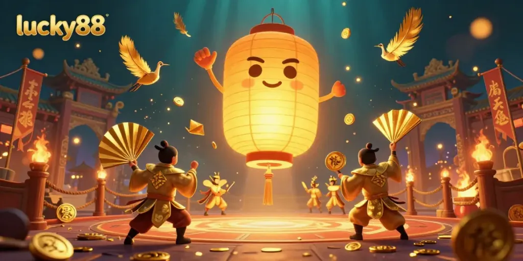Experience the vibrant energy of lucky88 at a night market casino featuring golden lanterns and warriors.