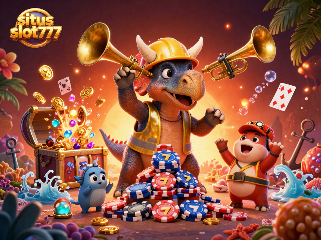 Situs slot777 offers an exciting slot gaming experience with vibrant characters celebrating big wins.