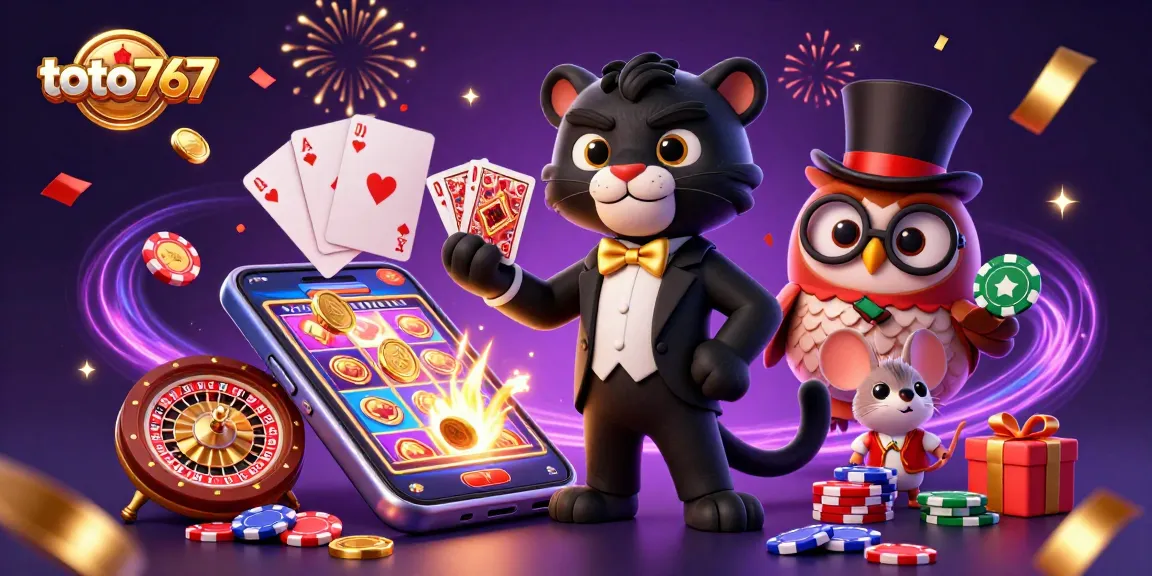 Toto767 menawarkan kesenangan dengan karakter kasino seperti panther dan owl, dikelilingi slot dan chip permainan.