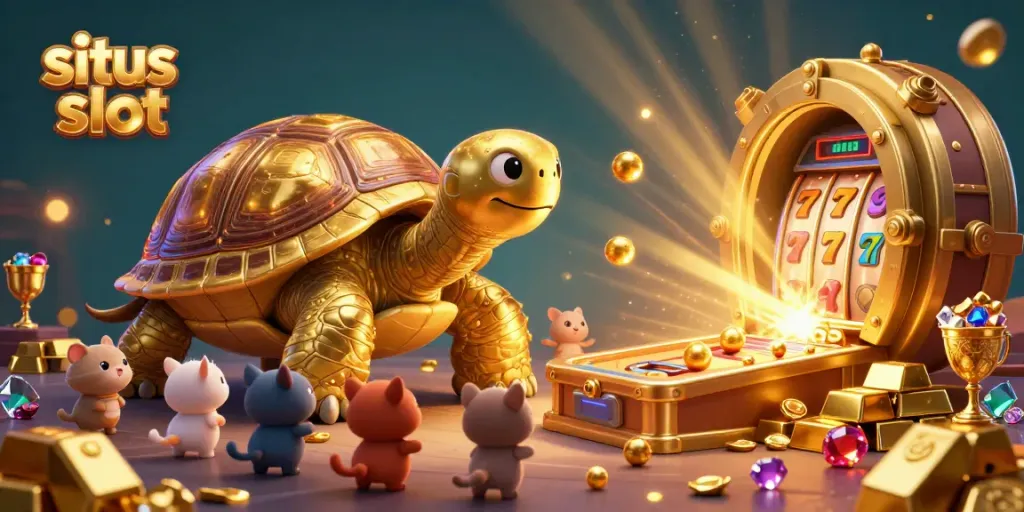 Spin the reels for big wins at situs slot, showcasing a vibrant slot-themed 3D scene with treasures.