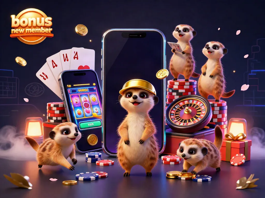 Experience the excitement of the bonus new member with playful meerkats in a vibrant gambling scene.