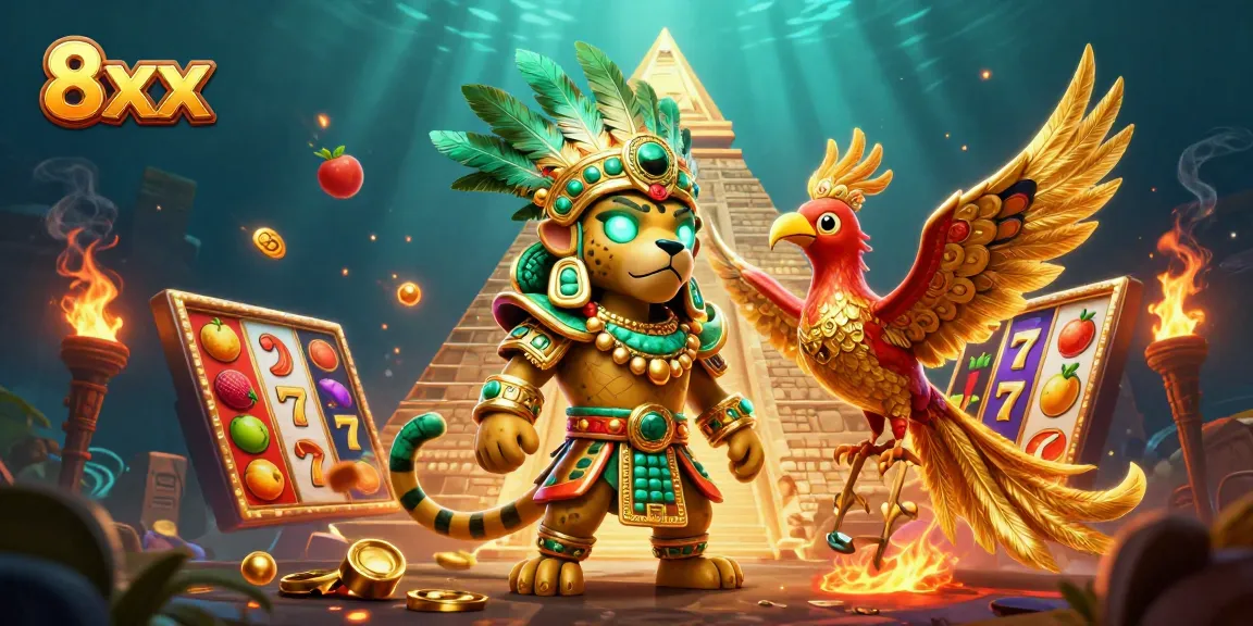 Spin the reels at 8xx casino with vibrant slot machines, lucky symbols, and dynamic bursts of color.