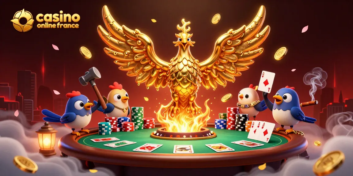Gagnez des jetons sur casino en ligne France avec une illustration dynamique de phénix doré et de poker.